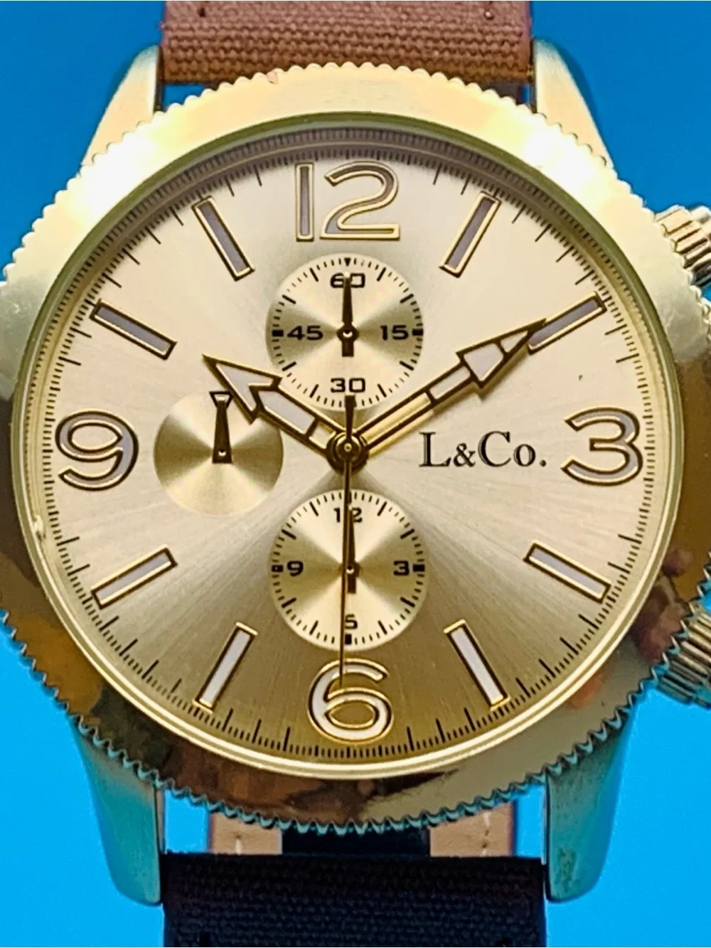 L&CO. Fashion Sport Quartz Wristwatch Faux Subdials Gold Tone Finish Working